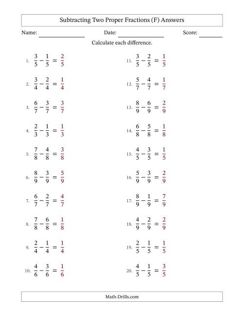 The Subtracting Two Proper Fractions with Equal Denominators, Proper Fractions Results and No Simplifying (F) Math Worksheet Page 2