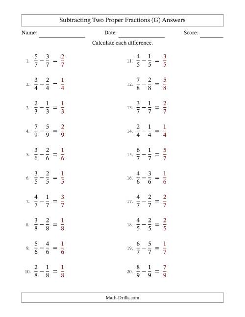 The Subtracting Two Proper Fractions with Equal Denominators, Proper Fractions Results and No Simplifying (G) Math Worksheet Page 2