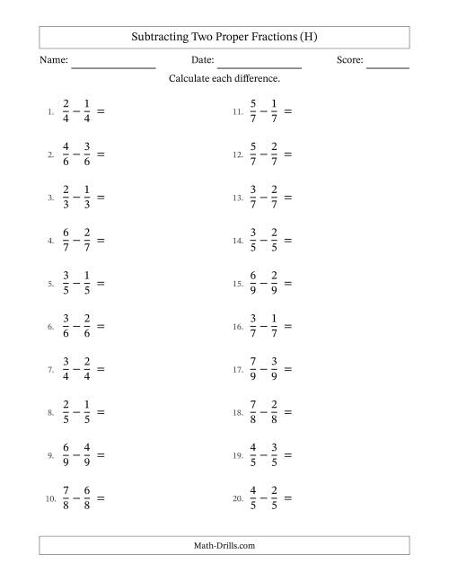 The Subtracting Two Proper Fractions with Equal Denominators, Proper Fractions Results and No Simplifying (H) Math Worksheet
