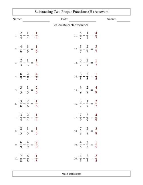 The Subtracting Two Proper Fractions with Equal Denominators, Proper Fractions Results and No Simplifying (H) Math Worksheet Page 2