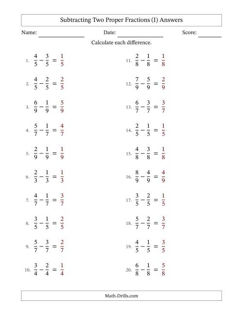The Subtracting Two Proper Fractions with Equal Denominators, Proper Fractions Results and No Simplifying (I) Math Worksheet Page 2