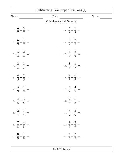The Subtracting Two Proper Fractions with Equal Denominators, Proper Fractions Results and No Simplifying (J) Math Worksheet