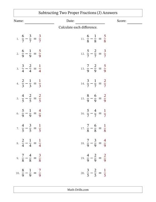 The Subtracting Two Proper Fractions with Equal Denominators, Proper Fractions Results and No Simplifying (J) Math Worksheet Page 2