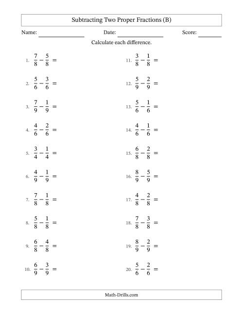 The Subtracting Two Proper Fractions with Equal Denominators, Proper Fractions Results and All Simplifying (B) Math Worksheet