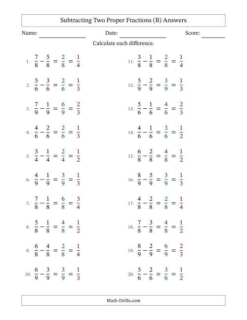 The Subtracting Two Proper Fractions with Equal Denominators, Proper Fractions Results and All Simplifying (B) Math Worksheet Page 2