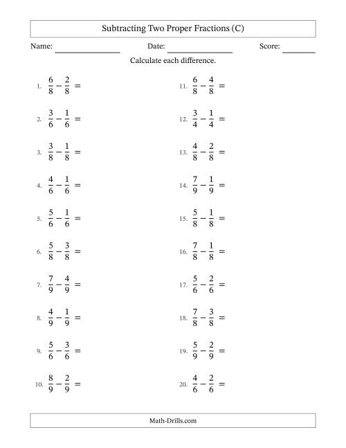 The Subtracting Two Proper Fractions with Equal Denominators, Proper Fractions Results and All Simplifying (C) Math Worksheet