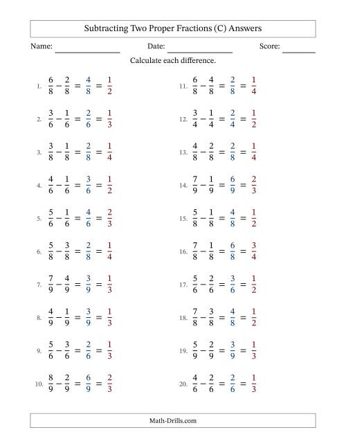 The Subtracting Two Proper Fractions with Equal Denominators, Proper Fractions Results and All Simplifying (C) Math Worksheet Page 2