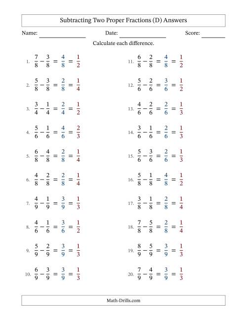 The Subtracting Two Proper Fractions with Equal Denominators, Proper Fractions Results and All Simplifying (D) Math Worksheet Page 2