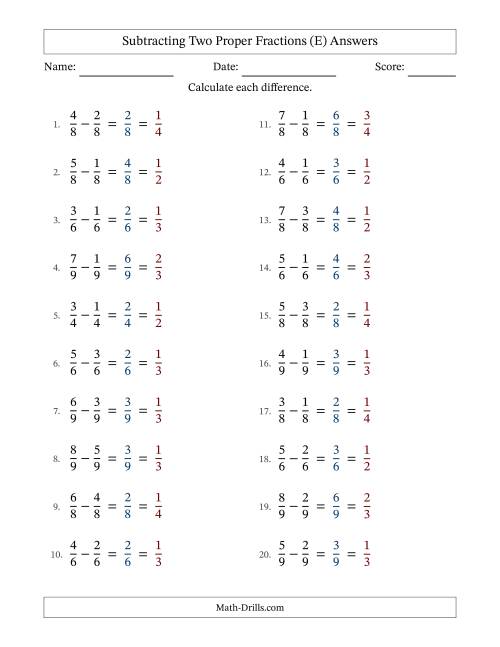 The Subtracting Two Proper Fractions with Equal Denominators, Proper Fractions Results and All Simplifying (E) Math Worksheet Page 2