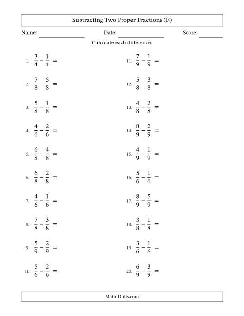 The Subtracting Two Proper Fractions with Equal Denominators, Proper Fractions Results and All Simplifying (F) Math Worksheet