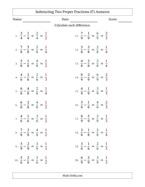 The Subtracting Two Proper Fractions with Equal Denominators, Proper Fractions Results and All Simplifying (F) Math Worksheet Page 2