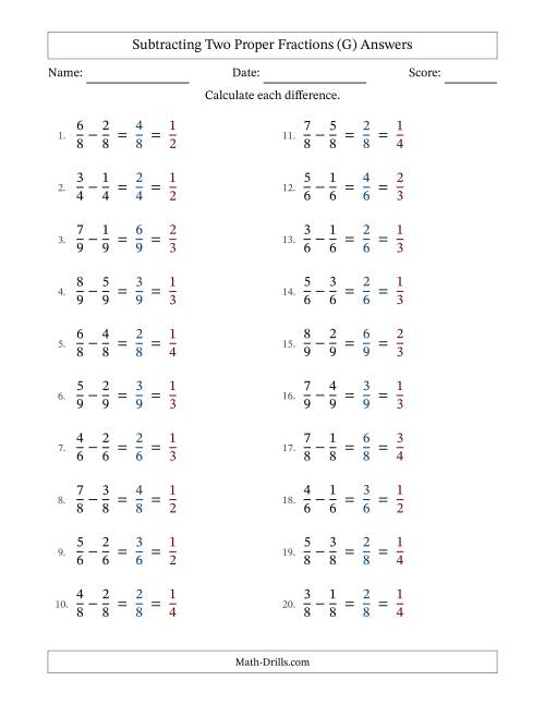 The Subtracting Two Proper Fractions with Equal Denominators, Proper Fractions Results and All Simplifying (G) Math Worksheet Page 2