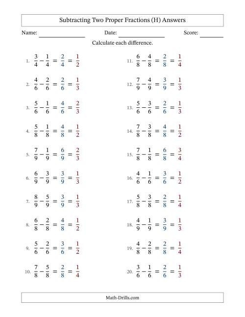 The Subtracting Two Proper Fractions with Equal Denominators, Proper Fractions Results and All Simplifying (H) Math Worksheet Page 2