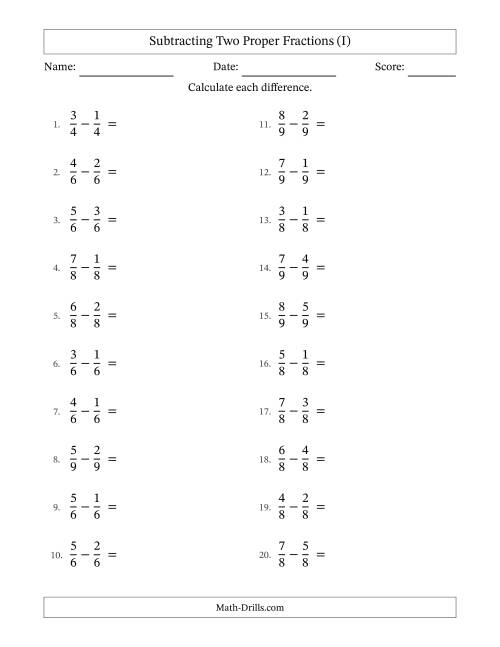 The Subtracting Two Proper Fractions with Equal Denominators, Proper Fractions Results and All Simplifying (I) Math Worksheet