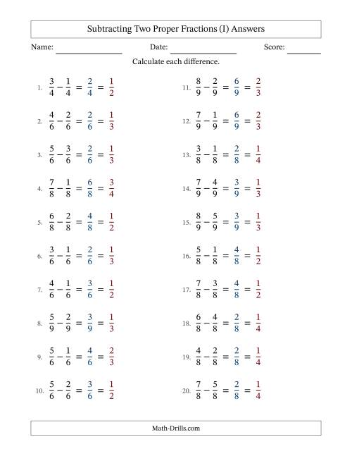 The Subtracting Two Proper Fractions with Equal Denominators, Proper Fractions Results and All Simplifying (I) Math Worksheet Page 2