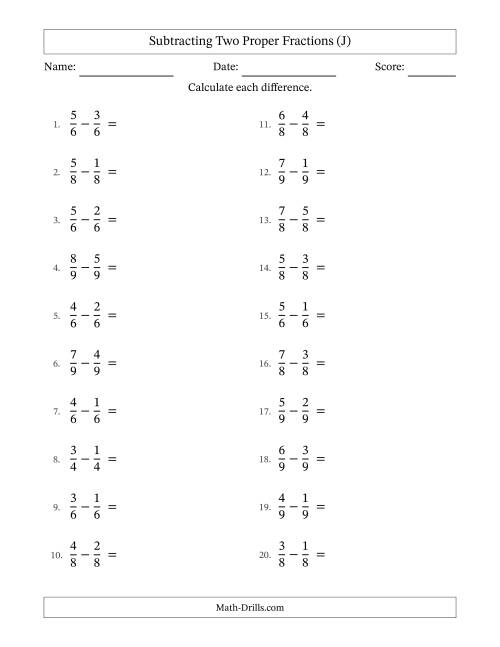 The Subtracting Two Proper Fractions with Equal Denominators, Proper Fractions Results and All Simplifying (J) Math Worksheet