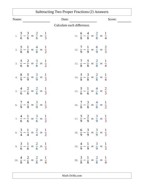 The Subtracting Two Proper Fractions with Equal Denominators, Proper Fractions Results and All Simplifying (J) Math Worksheet Page 2