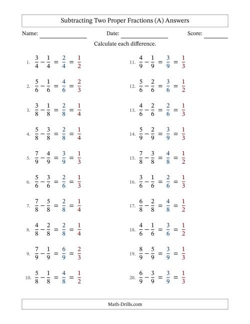 The Subtracting Two Proper Fractions with Equal Denominators, Proper Fractions Results and All Simplifying (All) Math Worksheet Page 2