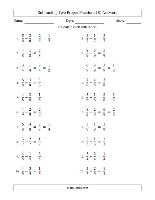 The Subtracting Two Proper Fractions with Equal Denominators, Proper Fractions Results and Some Simplifying (B) Math Worksheet Page 2