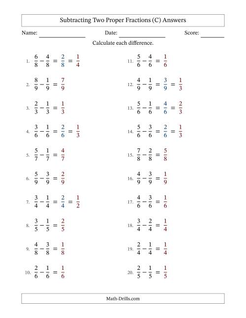 The Subtracting Two Proper Fractions with Equal Denominators, Proper Fractions Results and Some Simplifying (C) Math Worksheet Page 2
