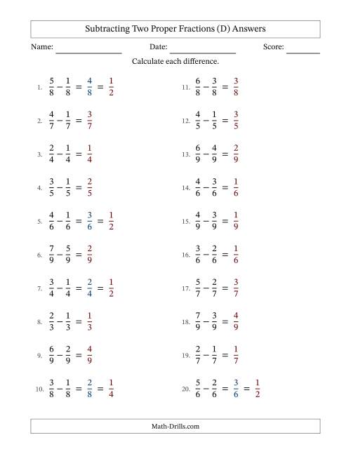 The Subtracting Two Proper Fractions with Equal Denominators, Proper Fractions Results and Some Simplifying (D) Math Worksheet Page 2