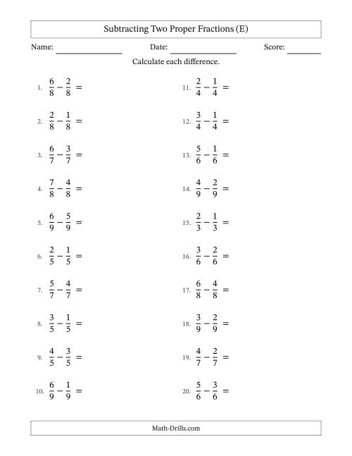 The Subtracting Two Proper Fractions with Equal Denominators, Proper Fractions Results and Some Simplifying (E) Math Worksheet