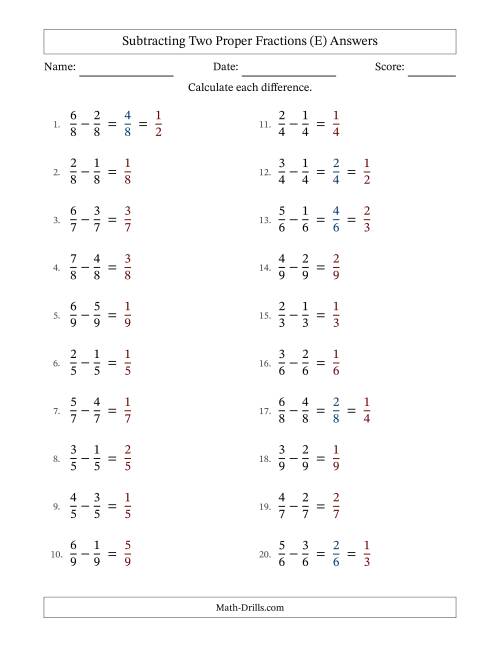 The Subtracting Two Proper Fractions with Equal Denominators, Proper Fractions Results and Some Simplifying (E) Math Worksheet Page 2