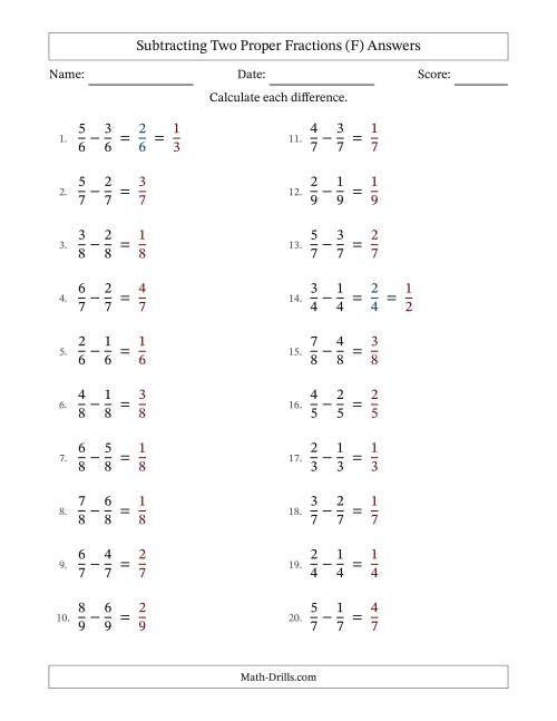 The Subtracting Two Proper Fractions with Equal Denominators, Proper Fractions Results and Some Simplifying (F) Math Worksheet Page 2