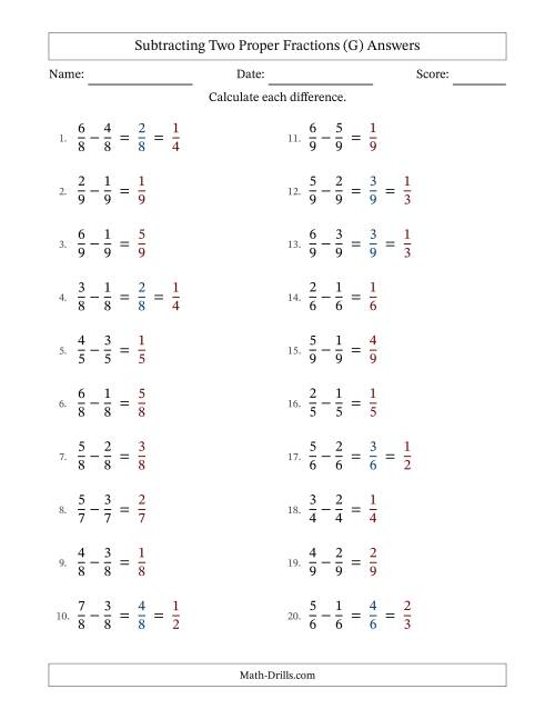The Subtracting Two Proper Fractions with Equal Denominators, Proper Fractions Results and Some Simplifying (G) Math Worksheet Page 2
