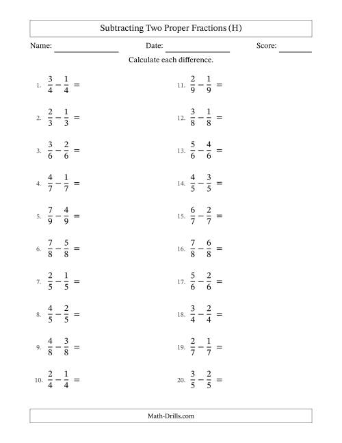 The Subtracting Two Proper Fractions with Equal Denominators, Proper Fractions Results and Some Simplifying (H) Math Worksheet