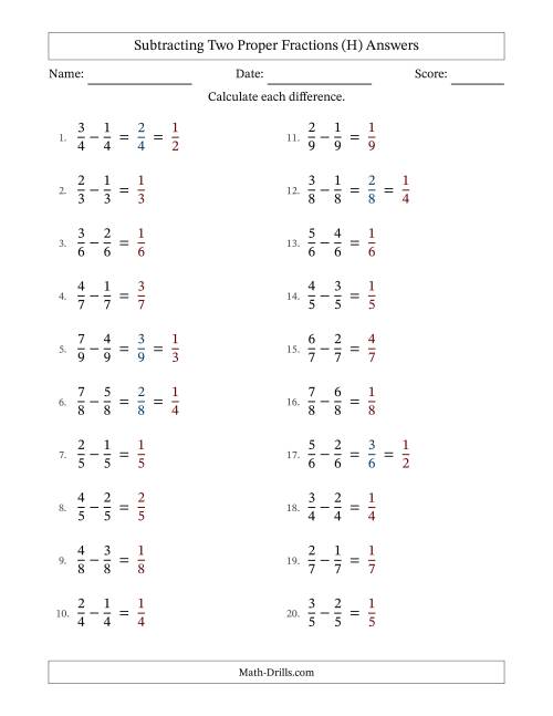The Subtracting Two Proper Fractions with Equal Denominators, Proper Fractions Results and Some Simplifying (H) Math Worksheet Page 2