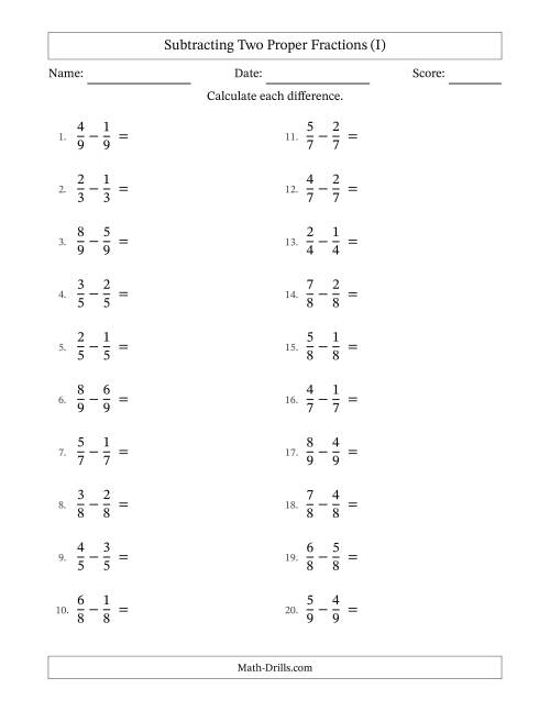 The Subtracting Two Proper Fractions with Equal Denominators, Proper Fractions Results and Some Simplifying (I) Math Worksheet