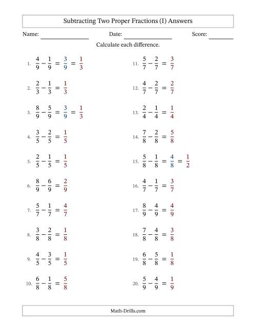 The Subtracting Two Proper Fractions with Equal Denominators, Proper Fractions Results and Some Simplifying (I) Math Worksheet Page 2