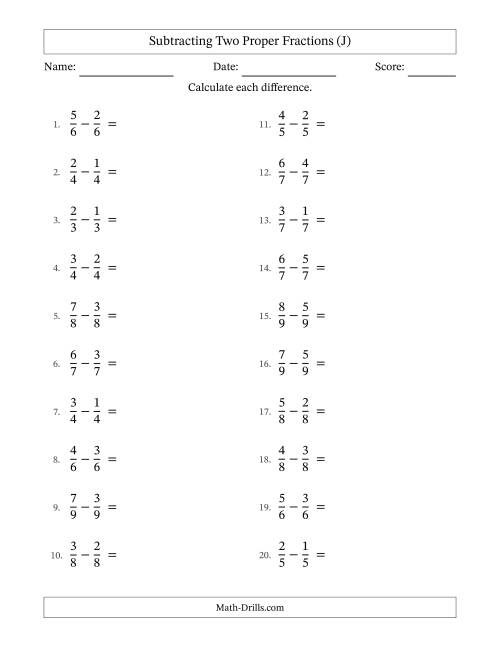 The Subtracting Two Proper Fractions with Equal Denominators, Proper Fractions Results and Some Simplifying (J) Math Worksheet
