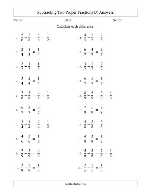 The Subtracting Two Proper Fractions with Equal Denominators, Proper Fractions Results and Some Simplifying (J) Math Worksheet Page 2