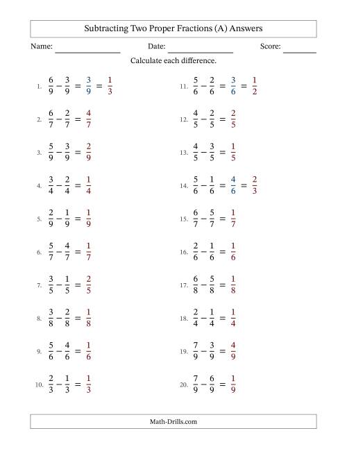The Subtracting Two Proper Fractions with Equal Denominators, Proper Fractions Results and Some Simplifying (All) Math Worksheet Page 2