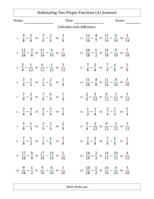 The Subtracting Two Proper Fractions with Similar Denominators, Proper Fractions Results and No Simplifying (A) Math Worksheet Page 2