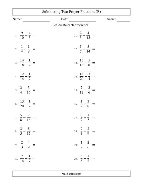 The Subtracting Two Proper Fractions with Similar Denominators, Proper Fractions Results and No Simplifying (B) Math Worksheet