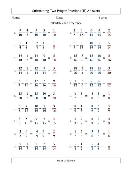 The Subtracting Two Proper Fractions with Similar Denominators, Proper Fractions Results and No Simplifying (B) Math Worksheet Page 2