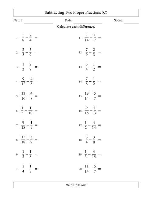 The Subtracting Two Proper Fractions with Similar Denominators, Proper Fractions Results and No Simplifying (C) Math Worksheet