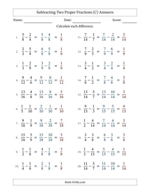 The Subtracting Two Proper Fractions with Similar Denominators, Proper Fractions Results and No Simplifying (C) Math Worksheet Page 2