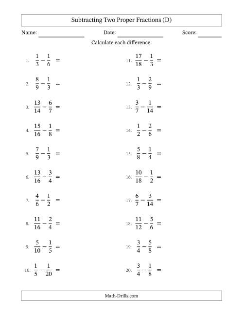 The Subtracting Two Proper Fractions with Similar Denominators, Proper Fractions Results and No Simplifying (D) Math Worksheet