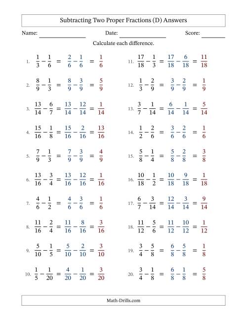 The Subtracting Two Proper Fractions with Similar Denominators, Proper Fractions Results and No Simplifying (D) Math Worksheet Page 2