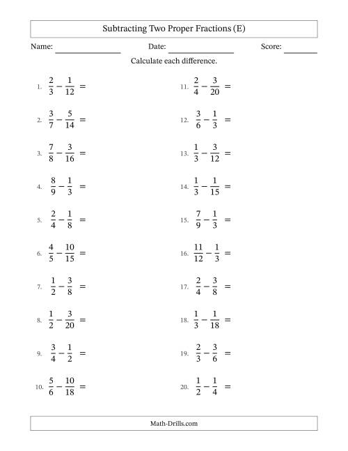 The Subtracting Two Proper Fractions with Similar Denominators, Proper Fractions Results and No Simplifying (E) Math Worksheet