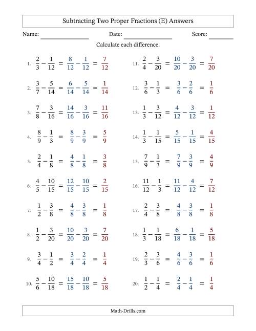 The Subtracting Two Proper Fractions with Similar Denominators, Proper Fractions Results and No Simplifying (E) Math Worksheet Page 2