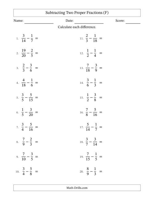 The Subtracting Two Proper Fractions with Similar Denominators, Proper Fractions Results and No Simplifying (F) Math Worksheet