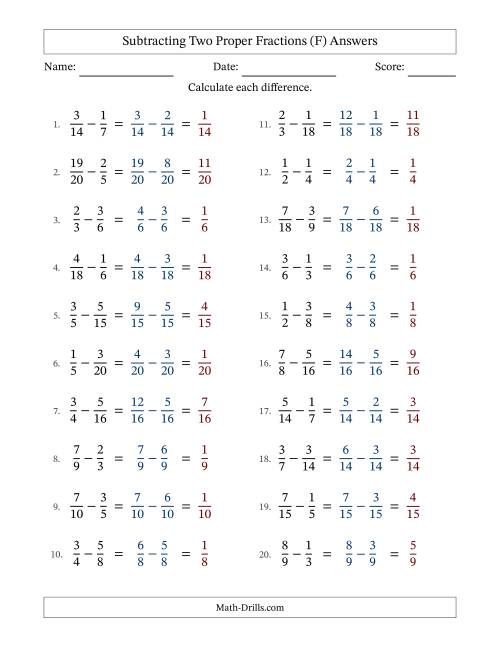 The Subtracting Two Proper Fractions with Similar Denominators, Proper Fractions Results and No Simplifying (F) Math Worksheet Page 2