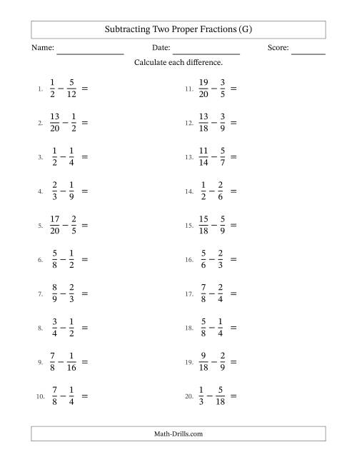 The Subtracting Two Proper Fractions with Similar Denominators, Proper Fractions Results and No Simplifying (G) Math Worksheet