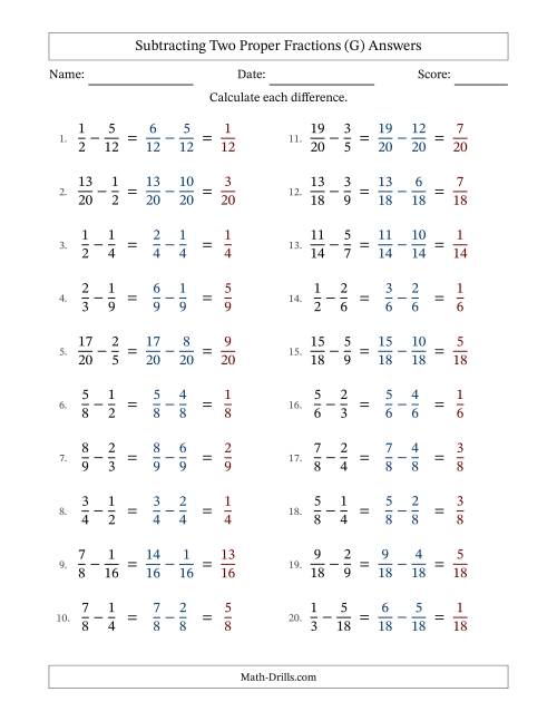 The Subtracting Two Proper Fractions with Similar Denominators, Proper Fractions Results and No Simplifying (G) Math Worksheet Page 2