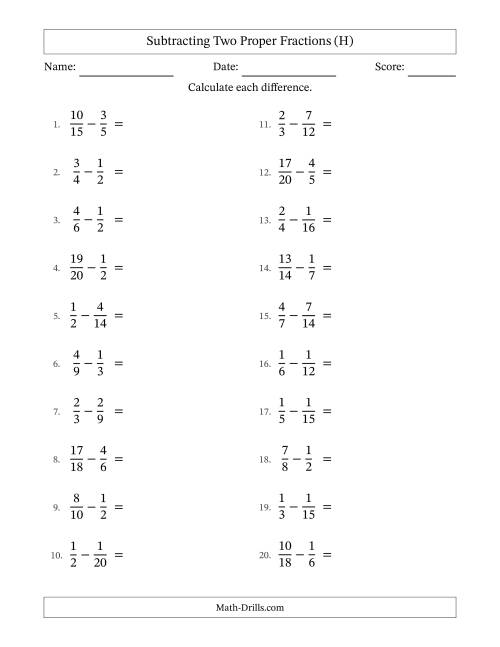 The Subtracting Two Proper Fractions with Similar Denominators, Proper Fractions Results and No Simplifying (H) Math Worksheet